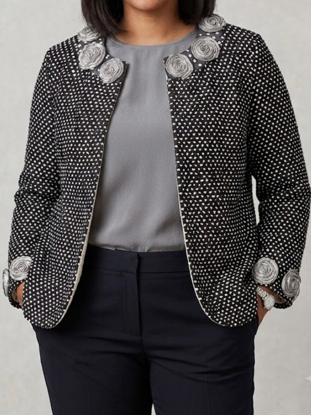 Veeca Black & White Textured Rosette Open Front Jacket XL